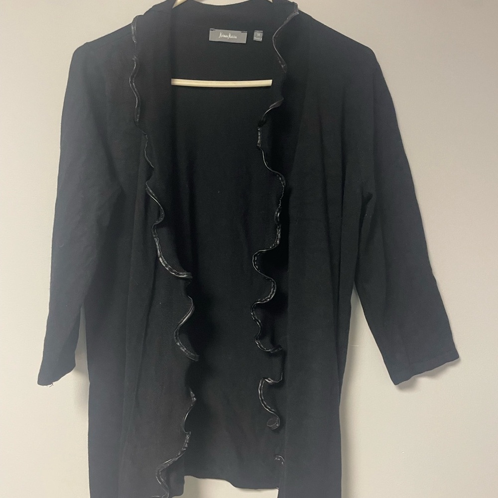 Neiman Marcus Black Ruffled Cardigan
